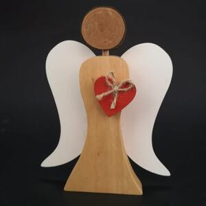 AMADEA Dřevěný anděl s bílými křídly a červeným srdcem, masivní dřevo, 17x13,5x2 cm