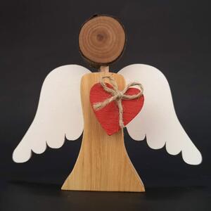 AMADEA Dřevěný anděl s bílými křídly a červeným srdcem, masivní dřevo, 12,5x14x2 cm
