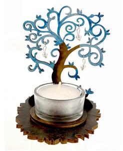 AMADEA Dřevěný svícen strom modrý s bílými ozdobami, výška 10 cm