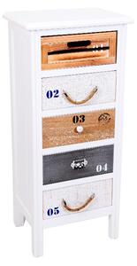 Designová vintage bílá komoda Savona s pěti zásuvkami různých barev 95 cm