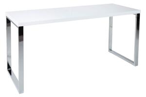 Moderní obdélníkový bílý psací stůl White Desk s lesklou deskou a hranatými stříbrnými kovovými chromovými nohami 140 cm