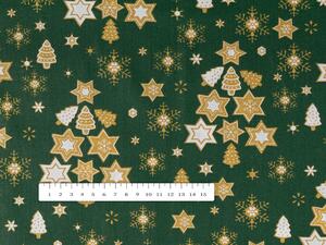 Vánoční bavlněná látka/plátno Sandra SA-407 Hvězdičky a stromky na zeleném - šířka 160 cm