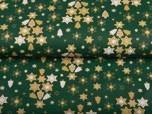 Vánoční bavlněná látka/plátno Sandra SA-407 Hvězdičky a stromky na zeleném - šířka 160 cm