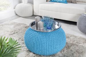 Moderní kulatá čalouněná modrá taburetka Stool s pletenou podstavou 45 cm