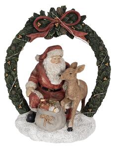 Vánoční dekorace Santa se srnečkou v zeleném věnci s Led - 19*12*23 cm - Clayre & Eef