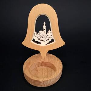 AMADEA Dřevěný svícen zvonek s vkladem - kostel, masivní dřevo, výška 10 cm