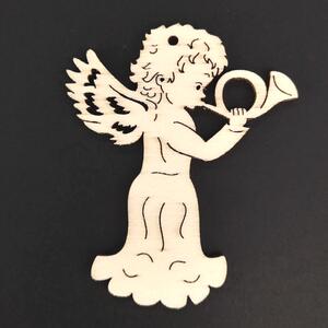 AMADEA Dřevěná ozdoba anděl s lesním rohem 6 cm
