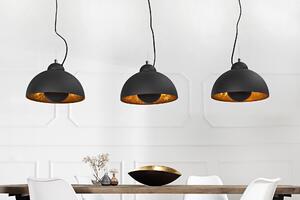 Industriální černá závěsná lampa Raval se třemi kulatými stínítky s obdélníkovou krytinou se zlatými detaily 140 cm