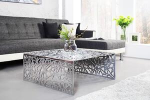 Designový art deco stříbrný čtvercový kovový konferenční stolek Ideal s geometrickými vyřezávanými vzory 60 cm