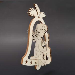 AMADEA Dřevěná ozdoba 3D zvonek - anděl s basou 9 cm