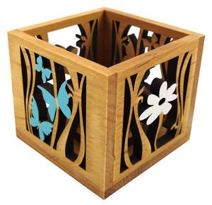 AMADEA Dřevěný svícen krychle s motivem motýlů a květu, barevný, masivní dřevo, 10x10x10 cm