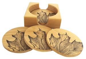 AMADEA Dřevěný stojánek hranatý se 4 kulatými podtácky s potiskem, masivní dřevo, 12,5x12,5x4,5cm