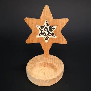 AMADEA Dřevěný svícen hvězda s vkladem - ornament, masivní dřevo, výška 10 cm
