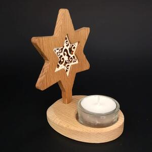 AMADEA Dřevěný svícen hvězda s vkladem - ornament, masivní dřevo, výška 10 cm
