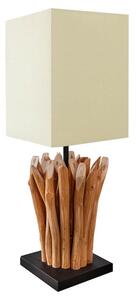Etno čtvercová masivní stolní lampa Roots s krémovým lněným stínítkem a dekorativní nohou z dřevěných větví 55 cm