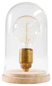 Designová retro stolní lampa Edison s hnědou dřevěnou podstavou a průhledným skleněným stínítkem 22 cm