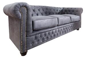 Luxusní chesterfield kožená třímístná čalouněná sedačka Chesterfield Grau v šedé barvě se zlatými nýty 200 cm