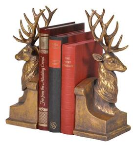 Vintage stylový set zarážek na knihy Deer ve zlaté barvě s hlavou jelena s patinou 25 cm