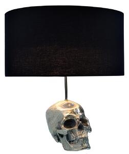 Stylová glamour kulatá kovová stříbrná stolní lampa Skull s nohou v podobě lebky a černým textilním stínítkem 44 cm