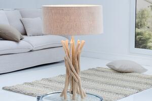 Designová venkovská stolní lampa Cara s organickou podstavou z naplaveného dřeva a lněným stínítkem béžová 62 cm
