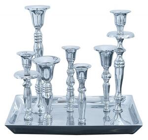 Glamour stříbrný svícen Celeste s obdélníkovou podstavou a chromovými držáky na sedm svíček v art deco stylu 26 cm