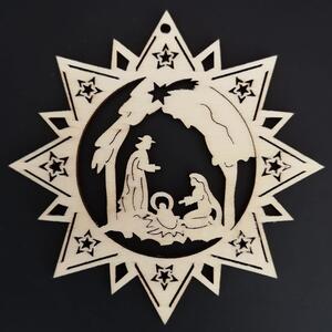 AMADEA Dřevěná ozdoba hvězda s betlémem 9 cm