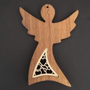 AMADEA Dřevěná ozdoba z masivu s vkladem - anděl s ornamentem srdce 12 cm
