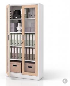 Kovová skříň s vitrínou bílá, dub sonoma, 900x1850x400 mm: AMELIA Eco Design