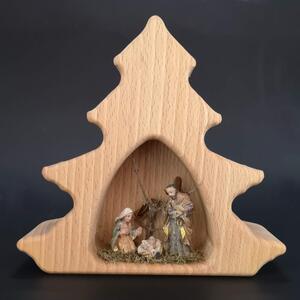 AMADEA Dřevěný betlém ve tvaru stromku s keramickými figurkami, masivní dřevo, 16x15x4,5 cm