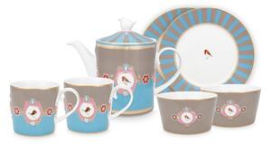 Pip Studio Love Birds snídaňová sada 7 kusů porcelánu, modrá-khaki (Luxusní dárkové balení 2x hrnek, 2x talíř, 2x miska, 1x konvice)