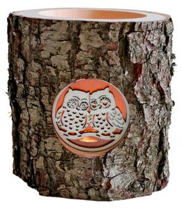 AMADEA Dřevěný svícen z kůrového kmenu s vkladem - sovy, masivní dřevo, výška 12 cm