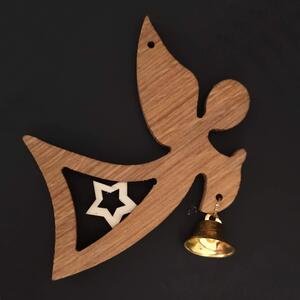 AMADEA Dřevěná ozdoba z masivu - anděl s hvězdou a zvonkem 11 cm