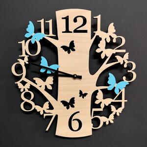 AMADEA Dřevěné hodiny nástěnné kulaté ve tvaru stromu s barevnými motýly, masivní dřevo, průměr 30 cm