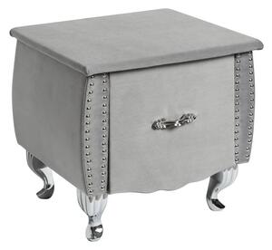 Designový glamour noční stolek Caledonia se zásuvkou a šedým sametovým potahem a chromovými kabriolovými nohama 47 cm