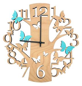 AMADEA Dřevěné hodiny nástěnné kulaté ve tvaru stromu s barevnými motýly, masivní dřevo, průměr 30 cm