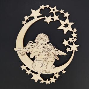 AMADEA Dřevěná ozdoba anděl na měsíci s houslemi 9 cm