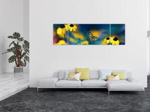 Obraz - Žlutý motýl s květy (170x50 cm)