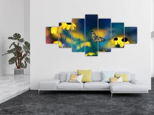Obraz - Žlutý motýl s květy (210x100 cm)