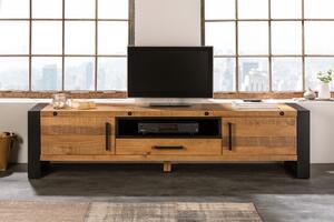 Industriální designový TV stolek Adin z masivu a kovu se zásuvkou a dvířky 200cm