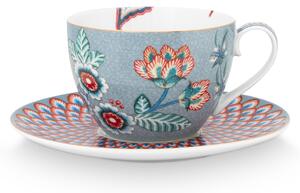 Pip Studio Flower Festival cappuccino šálek s podšálkem 280ml, modrý (hrnek z tenkostěnného porcelánu)