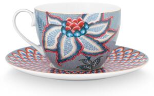Pip Studio Flower Festival cappuccino šálek s podšálkem 280ml, modrý (hrnek z tenkostěnného porcelánu)
