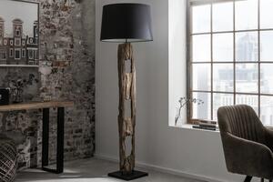 Etno stojící lampa Adelise s dřevěnou podstavou a černým stínítkem 177cm