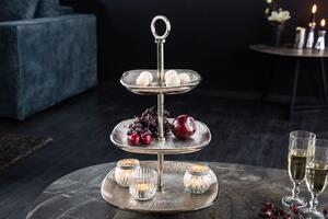 Designový art-deco třípatrový etažér zákusky Evana z kovu stříbrné barvy 44cm