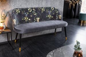 Moderní art-deco čalouněná lavice Floreque do předsíně s šedým sametovým potahem s florálním motivem 130cm