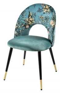 Stylová art deco čalouněná židle Floreque v tyrkysovém provedení s květinovým potiskem a kovovými nožičkami 83cm