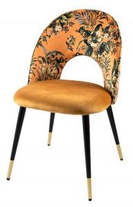 Čalouněná art deco židle Floreque ve zlato-žluté barvě s tropickým vzorem a černými nožičkami 83cm