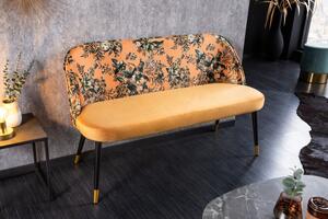 Art-deco stylová lavice Floreque do předsíně se sametovým žlutým potahem s květinovým vzorem 130cm