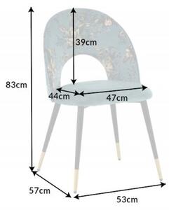 Stylová art deco čalouněná židle Floreque v tyrkysovém provedení s květinovým potiskem a kovovými nožičkami 83cm