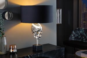 Art deco stříbrná stolní lampa Uma s kovovou lebkou, černým kulatým stínítkem a mramorovou podstavou 56cm