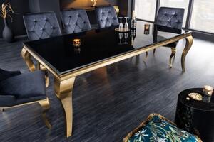 Moderní jídelní stůl Gold Barock v barokním stylu zlatá konstrukce a černé opálové sklo 180cm